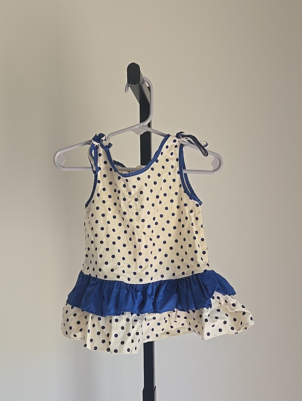 Vintage Girls Size:2T Cotton Candy Cream Dress with Navy Polka Dots